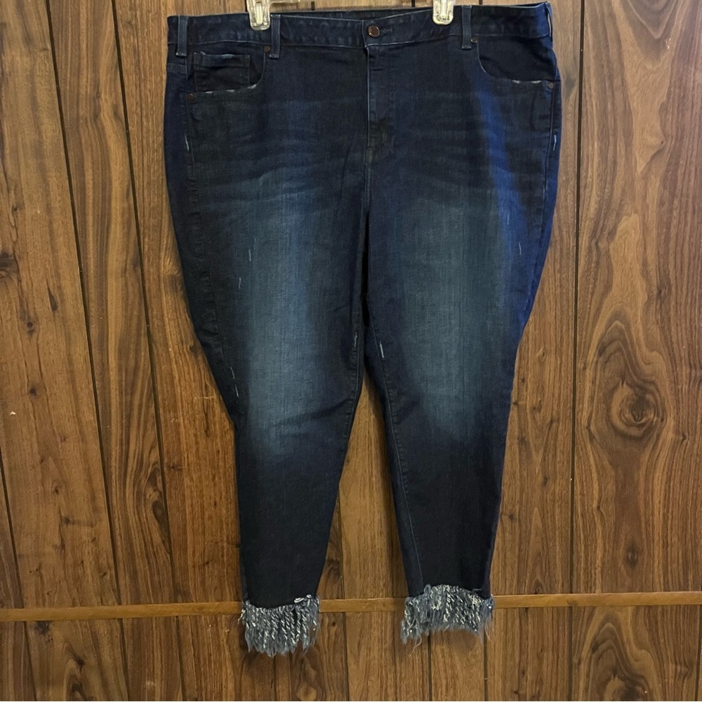 Lane Bryant Blue Dark Wash Distressed Raw Hem Stretch Skinny Jeans Sz 26 Regular
